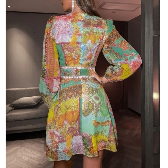 Boho green pink floral paisley print mini dress - Picture 3 of 8